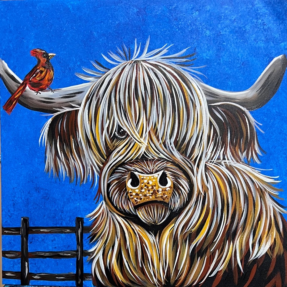 Highland Cow and Cardinal Painting